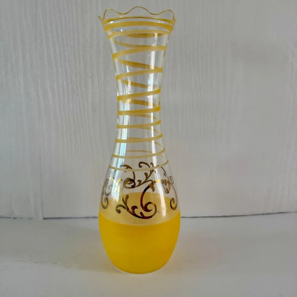 Vintage Style Yellow Hand Painted Glass Bud Vase Ruffled Rim Gold Filigree 9